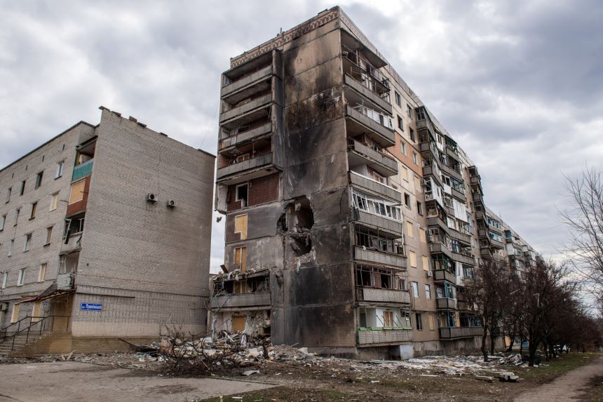 Destruction caused by Russian glide bomb strikes on the front-line city of Kostiantynivka in the Donbas region of eastern Ukraine is pictured on March 21.