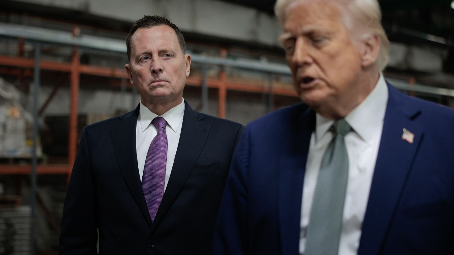 President Donald Trump speaks to the media alongside Richard Grenell, President of The Kennedy Center Board of Trustees, during a guided tour of the John F. Kennedy Center for the Performing Arts before leading a board meeting on March 17, 2025, in Washington, DC.