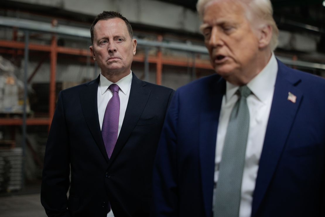 President Donald Trump speaks to the media alongside Richard Grenell, President of The Kennedy Center Board of Trustees, during a guided tour before leading a board meeting on March 17, 2025.