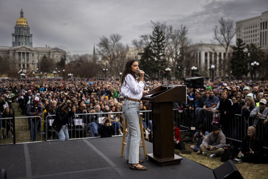 Alexandria Ocasio Cortez at a "Fight Oligachy" rally in Denver, Colorado on March 21.