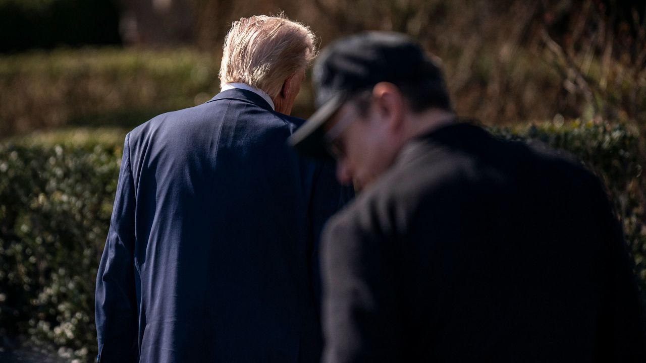Washington, DC - March 11 : President Donald J Trump and Tesla CEO Elon Musk walks back to the Oval Office after speaking to reporters and looking at various models of Teslas on the South Lawn at the White House on Tuesday, March 11, 2025 in Washington, DC. (Photo by Jabin Botsford/The Washington Post via Getty Images)
