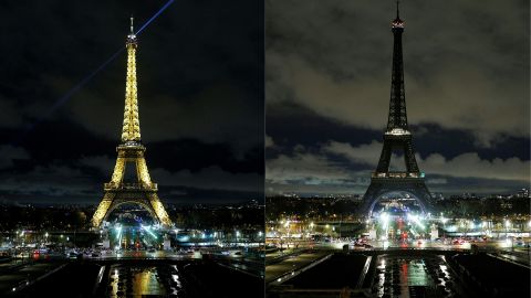 (COMBO) This combination of pictures taken and created on March 22, 2025 shows the Eiffel Tower illuminated and its lights switched off as part of the international campaign Earth Hour launched by the NGO WWF, in Paris. (Photo by GEOFFROY VAN DER HASSELT / AFP) (Photo by GEOFFROY VAN DER HASSELT/AFP via Getty Images)          