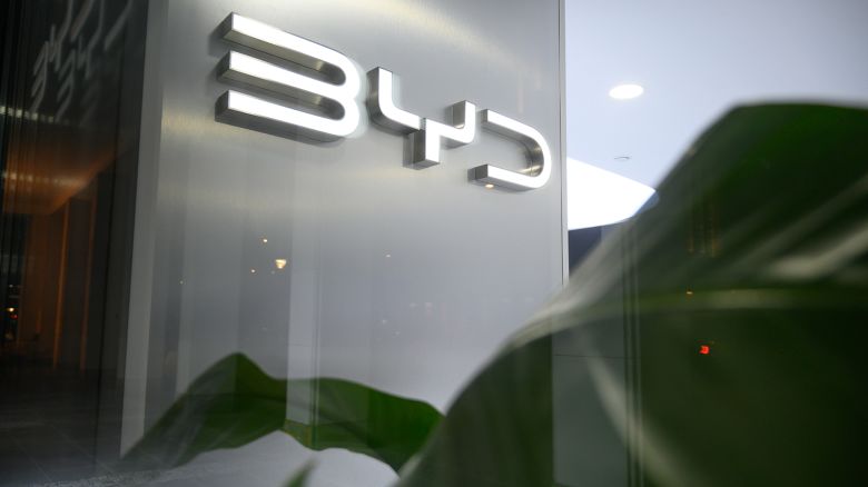 BYD's logo is seen at a showroom in Warsaw, Poland on March 22, 2025.