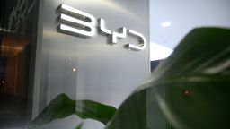 BYD's logo is seen at a showroom in Warsaw, Poland on March 22, 2025.