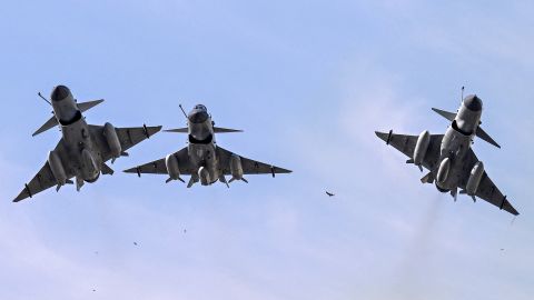 Pakistan Air Force J-10 fighter jets fly past over the President's House during the national day parade in Islamabad on March 23, 2025.