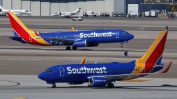 LAS VEGAS, NEVADA - MARCH 15: A Southwest Airlines Boeing 737 airplane departs from Harry Reid International Airport as another airplane taxis on March 15, 2025 in Las Vegas, Nevada. (Photo by Kevin Carter/Getty Images)