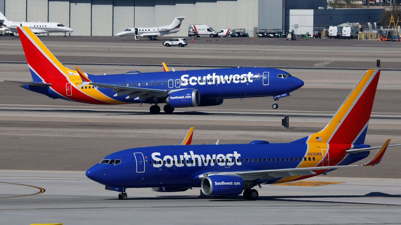 LAS VEGAS, NEVADA - MARCH 15: A Southwest Airlines Boeing 737 airplane departs from Harry Reid International Airport as another airplane taxis on March 15, 2025 in Las Vegas, Nevada. (Photo by Kevin Carter/Getty Images)