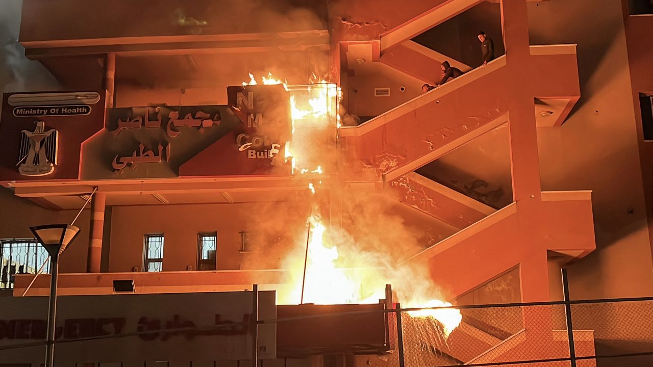 Palestinians try to put out a fire at the emergency department of the Nasser hospital after it was hit in an Israeli airstrike, in Khan Yunis in the southern Gaza Strip on March 23, 2025. (Photo by AFP) (Photo by -/AFP via Getty Images)          