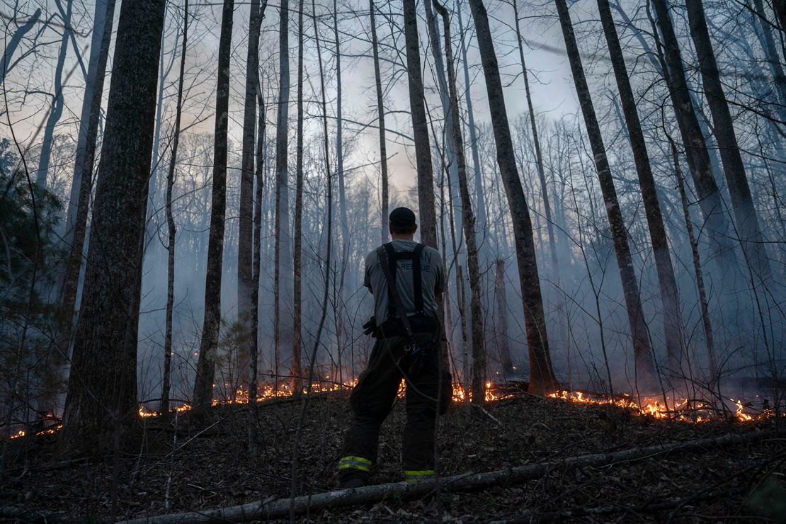 Troutman Fire Department firefighter Sam Mills watches a backburn preventative fire to stop the spread of the Deep Woods Fire on Sunday in Columbus, North Carolina.