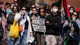 A group of Georgetown University students and community leaders march in protest against ICE, MPD, and other law enforcement agencies on college campuses in Washington, D.C., on March 23, 2025. Demonstrators called for the release of a Georgetown scholar facing deportation by the Department of Homeland Security. (Photo by Andrew Thomas / Middle Eeast Images / Middle East Images via AFP) (Photo by ANDREW THOMAS/Middle Eeast Images/AFP via Getty Images)          