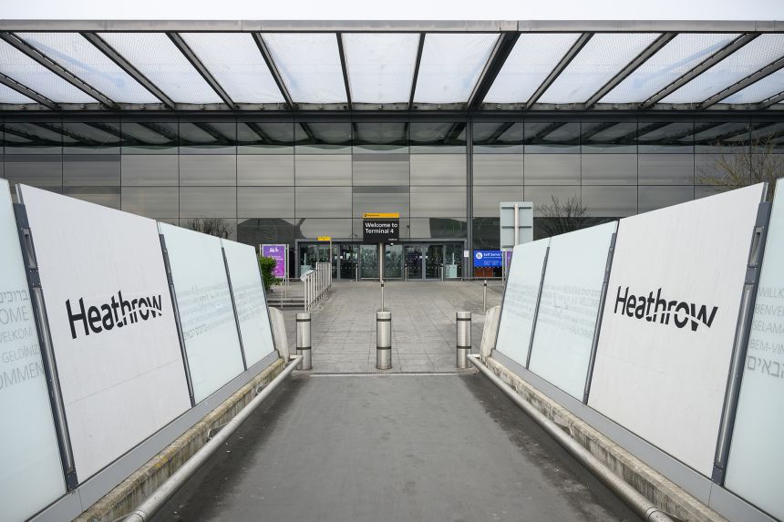The photo in the file shows the exterior of London Heathrow Airport at Terminal 4 in March.