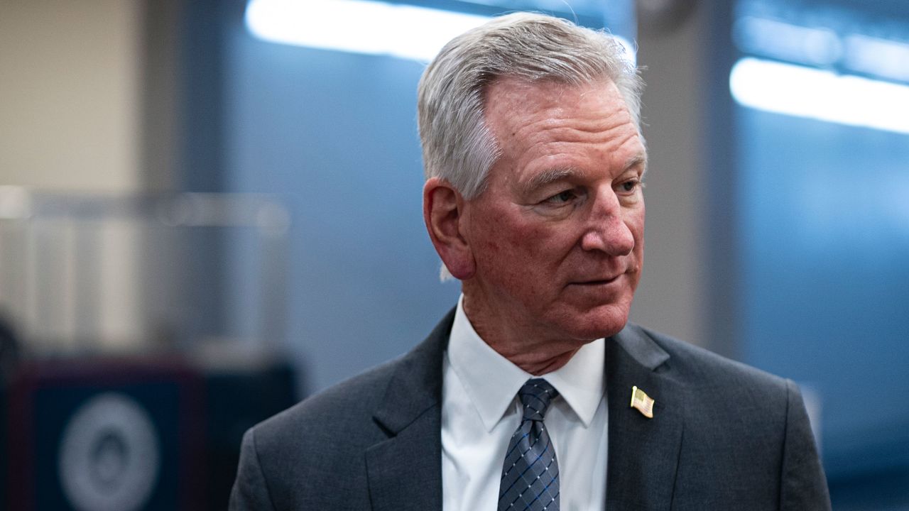 Sen. Tommy Tuberville (R-AL) arrives prior to the Senate Republicans weekly policy luncheon in the US Capitol in Washington, DC, on March 25, 2025.