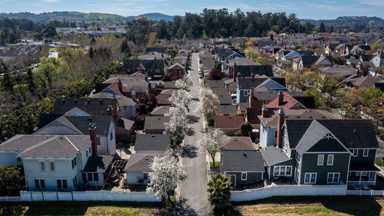 Homes in Hercules, California, on Tuesday, March 25, 2025. The Trump administration's tariffs have injected uncertainty into the bond market, impacting mortgage rates.