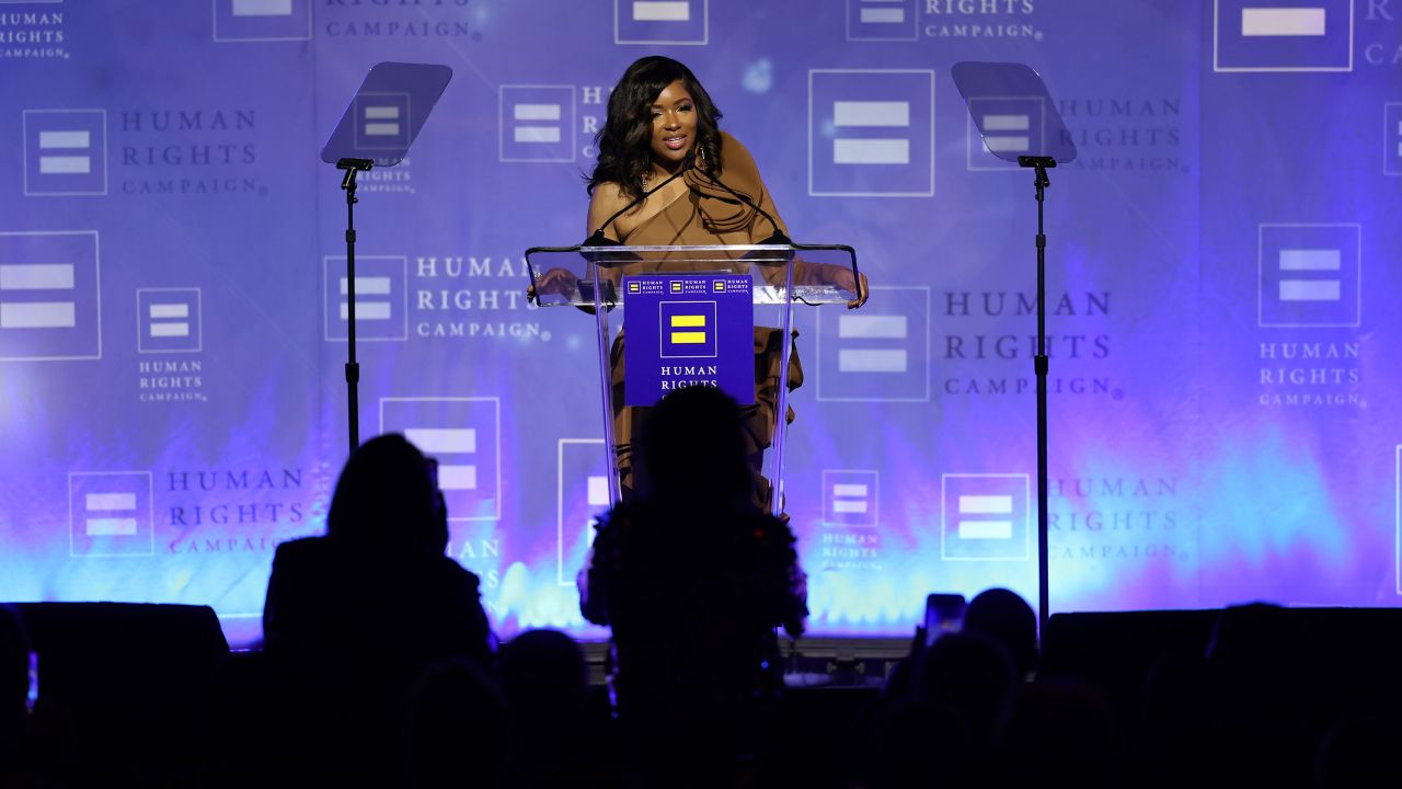 Rep. Jasmine Crockett speaks onstage during Human Rights Campaign's 2025 Los Angeles Dinner at Fairmont Century Plaza on March 22, 2025, in Los Angeles.