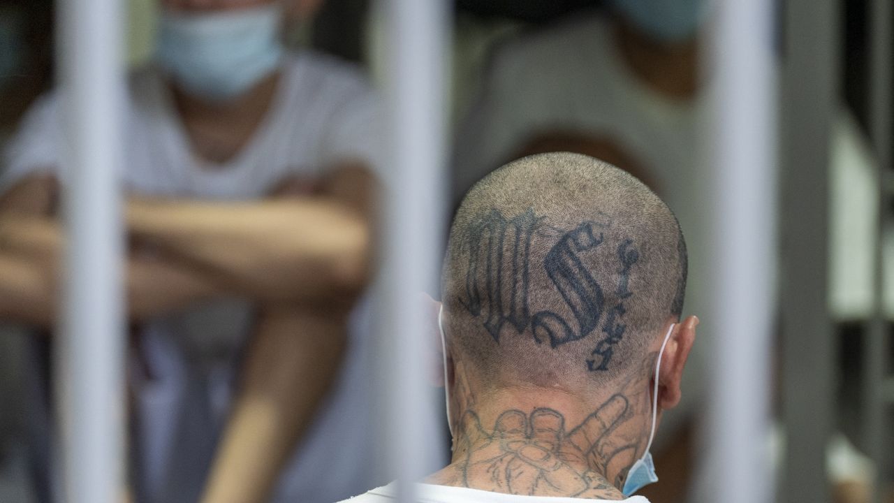A prisoner with MS-13 gang tattoos stands in his cell as unseen US Secretary of Homeland Security Kristi Noem tours the Terrorist Confinement Center (CECOT) as prisoners stand, looking out from a cell, in Tecoluca, El Salvador, on March 26, 2025. (Photo by Alex Brandon / POOL / AFP) (Photo by ALEX BRANDON/POOL/AFP via Getty Images)          