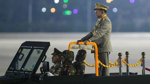 Myanmar's military chief Min Aung Hlaing arrives to deliver a speech during a ceremony to mark the country's Armed Forces Day in Naypyidaw on March 27th.