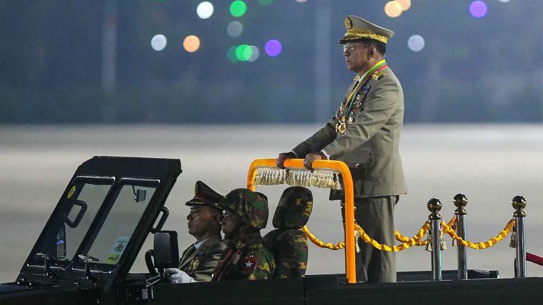 Myanmar's military chief Min Aung Hlaing arrives to deliver a speech during a ceremony to mark the country's Armed Forces Day in Naypyidaw on March 27, 2025. Myanmar's junta chief insisted on March 27 that a planned election will go ahead despite the country's spiralling civil war, in a speech to thousands of soldiers and dignitaries at the annual Armed Forces Day parade. (Photo by AFP) (Photo by STR/AFP via Getty Images)          