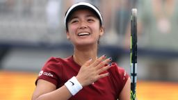 MIAMI GARDENS, FLORIDA - MARCH 23:  Alexandra Eala of Philippines celebrates her win against Madison Keys during Day 6 of the Miami Open at Hard Rock Stadium on March 23, 2025 in Miami Gardens, Florida. (Photo by Al Bello/Getty Images)