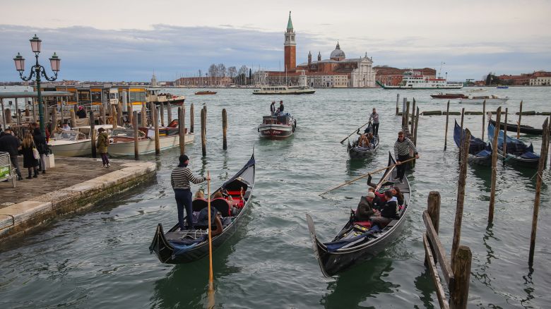 Gondolas on the Grand Canal in Venice, Italy on March 14th, 2025. (Photo by Beata Zawrzel/NurPhoto via Getty Images)