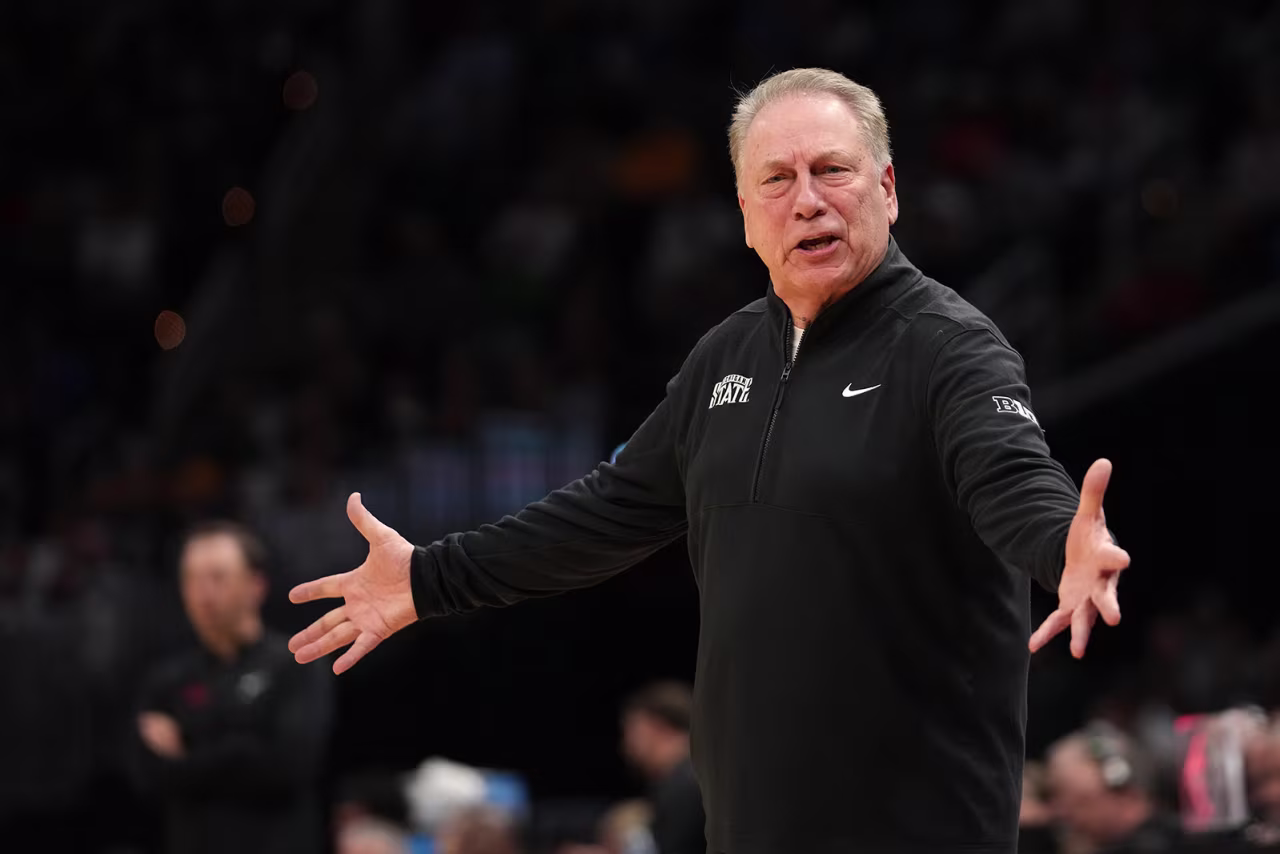 Head coach Tom Izzo of the Michigan State Spartans reacts to a call during the 2025 NCAA Men's Basketball Tournament against the New Mexico Lobos in Cleveland, Ohio on Sunday.