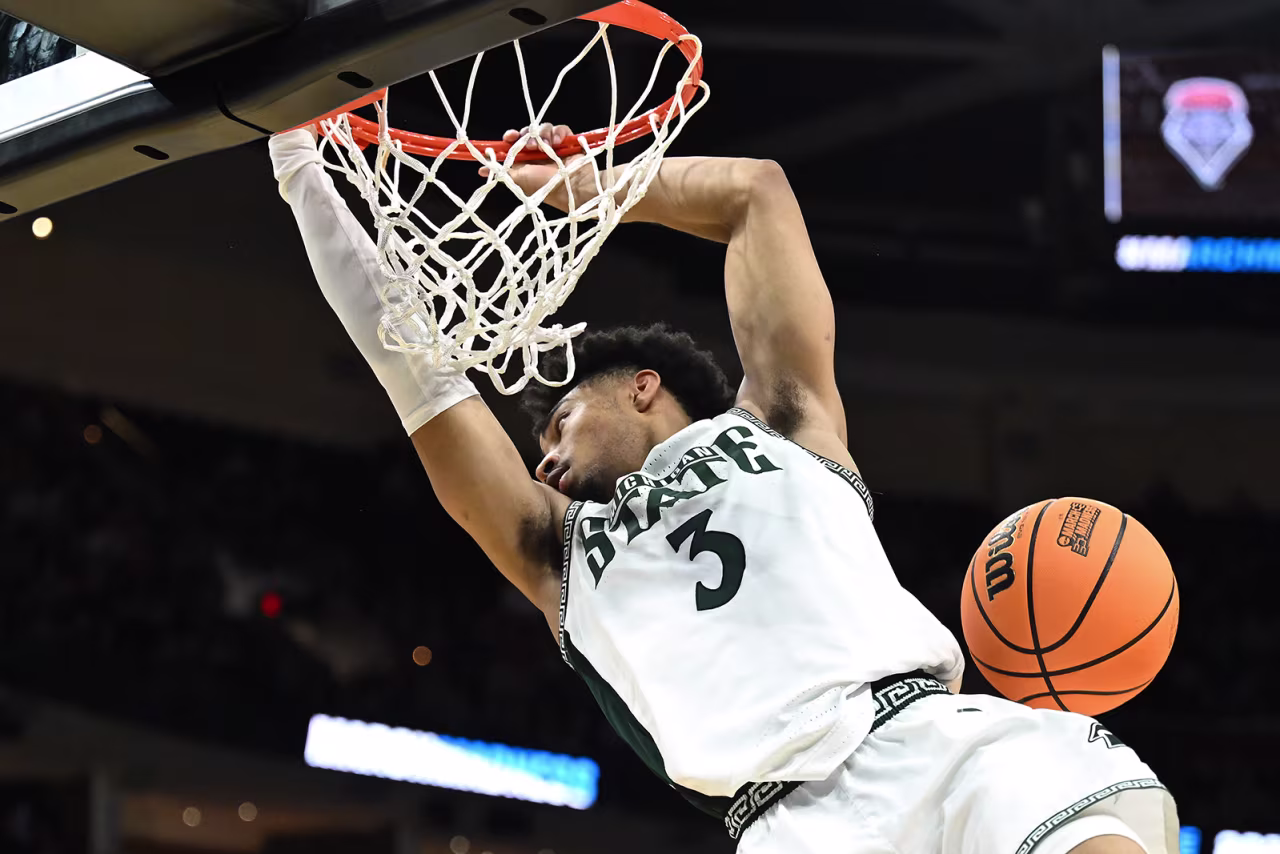 Jaden Akins #3 of the Michigan State Spartans dunks the ball against the New Mexico Lobos during the NCAA Men's Basketball Tournament in Cleveland, Ohio, on Sunday.