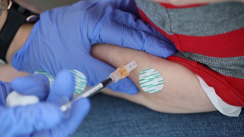 Los Angeles, CA - March 25: Detail of a child being vaccinated at Larchmont Pediatrics in Los Angeles Tuesday, March 25, 2025. (Allen J. Schaben / Los Angeles Times via Getty Images)