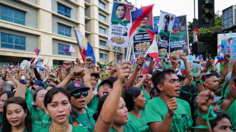 Tens of thousands of supporters of arrested former Philippine President Rodrigo Duterte gather on the streets of Davao City on his 80th birthday on March 28, 2025, calling for his return to the Philippines from International Criminal Court custody.