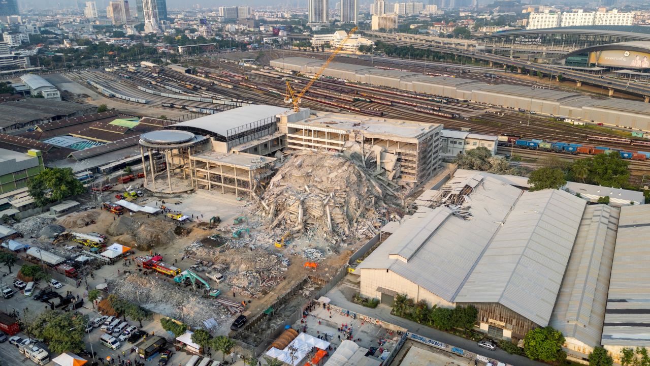 This aerial photograph shows the site of an under-construction building collapse in Bangkok on March 29, 2025, a day after an earthquake struck central Myanmar and Thailand. Rescuers dug through the rubble of collapsed buildings on March 29 in a desperate search for survivors after a huge earthquake hit Myanmar and Thailand, killing more than 150 people. (Photo by AFP) (Photo by STR/AFP via Getty Images)          