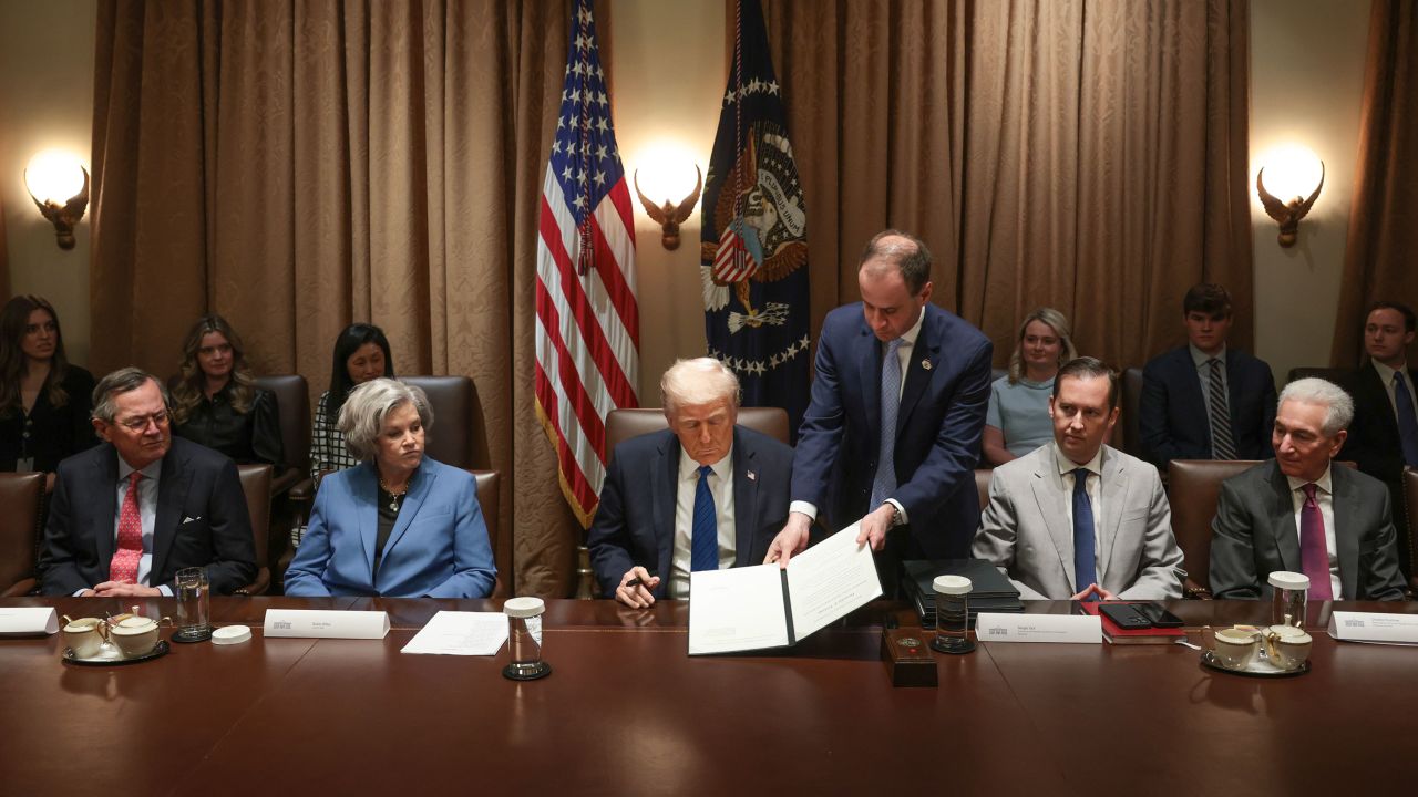 US President Donald Trump sits with (L-R) Warren Stephens, Chief of Staff Susie Wiles, Sergio Gor, assistant to President Donald Trump and Director of the Presidential Personnel Office, and Charles Kushner during an Ambassador Meeting in the Cabinet Room of the White House on March 25, 2025, in Washington, DC.