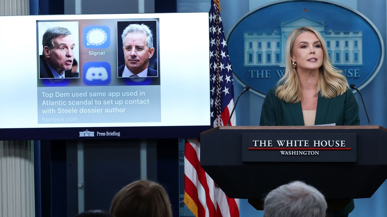 WASHINGTON, DC - MARCH 26: White House Press Secretary Karoline Leavitt speaks during the daily press briefing in the Brady Press Briefing Room at the White House on March 26, 2025 in Washington, DC. Leavitt addressed President Trump’s plans for future tariffs on the auto industry and reports about top Trump aides mistakenly including the editor-in-chief for The Atlantic magazine on a high level istration Signal group chat discussing military plans. (Photo by Win McNamee/Getty Images)