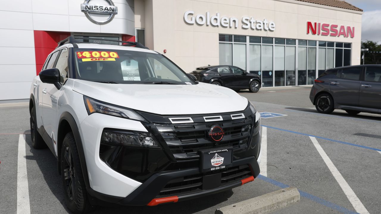 COLMA, CALIFORNIA - MARCH 26: A brand new Nissan car is displayed on the sales lot at Golden State Nissan on March 26, 2025 in Colma, California. U.S. President Donald Trump is set to announce today his plan for tariffs on automobiles shipped to the United States. (Photo by Justin Sullivan/Getty Images)