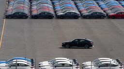 Vehicles awaiting shipment are parked at a port on March 27, 2025 in Yokohama, Japan. U.S. President Donald Trump announced his plan to impose a 25 percent tariff on imported automobiles manufactured outside the United States.