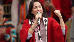 Ecuador's leftist presidential candidate Luisa Gonzalez speaks during a meeting with  of the Movimiento de Unidad Plurinacional Pachakutik party (Pachakutik Plurinational Unity Movement) in the central square of Tixan, Chimborazo province, Ecuador, on March 30, 2025. Ecuador's powerful indigenous movement announced on Sunday its  for the candidacy of leftist Luisa Gonzalez for the presidency of Ecuador, two weeks before the presidential runoff, during a multitudinous act in the rural town of Tixan (center). (Photo by ARMANDO PRADO / AFP) (Photo by ARMANDO PRADO/AFP via Getty Images)          