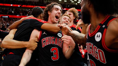 Josh Giddey of the Chicago Bulls celebrates with teammates after hitting a game-winning three pointer as time expired against the Los Angeles Lakers at the United Center in Chicago, Illinois, on March 27, 2025.