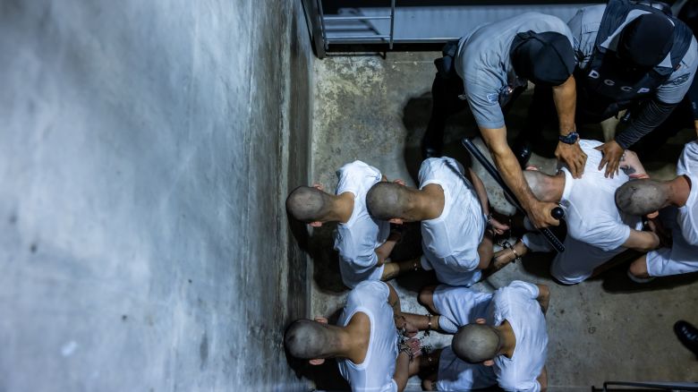 17 members of Venezuela's Tren de Aragua gang and members of the MS-13 gang, who were deported to El Salvador by the US, in San Salvador, on March 31, 2025.
