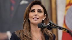 White House Presidential Counselor Alina Habba delivers remarks before being sworn in as the interim US Attorney for New Jersey in the Oval Office at the White House on March 28, in Washington, DC.