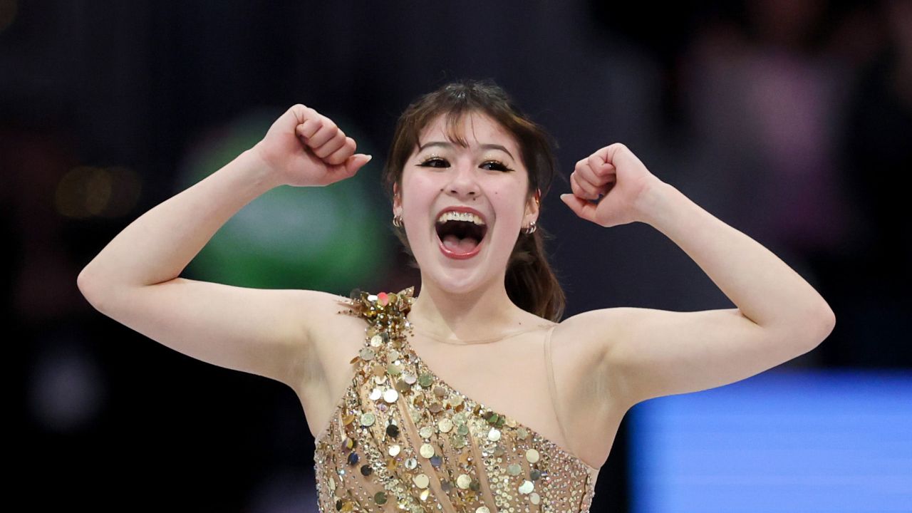Alysa Liu reacts after her routine in Women's Free Skating during the 2025 ISU World Figure Skating Championships at TD Garden in Boston, Massachusetts, on March 28, 2025.