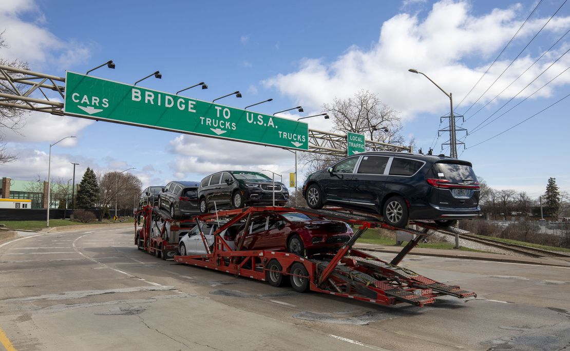 A car hauler truck makes its way to the Ambassador Bridge in Windsor, Canada to cross into the United States on April 1.