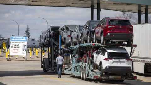 WINDSOR, CANADA - APRIL 1: A car hauler truck gasses up before making its way to the Ambassador Bridge to cross into the United States at Detroit on April 1, 2025 in Windsor, Canada. U.S. President Donald Trump has been referring to tomorrow, April 2, as "Liberation Day", when his istration will begin implementing sweeping new tariffs on goods imported into the United States from other countries. (Photo by Bill Pugliano/Getty Images)