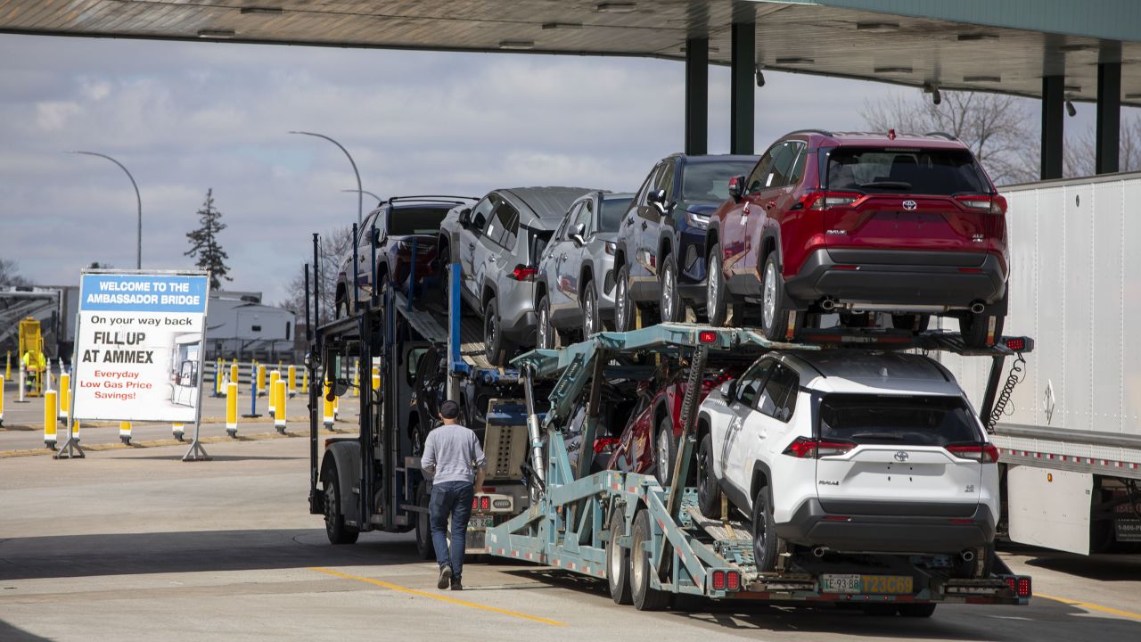 WINDSOR, CANADA - APRIL 1: A car hauler truck gasses up before making its way to the Ambassador Bridge to cross into the United States at Detroit on April 1, 2025 in Windsor, Canada. U.S. President Donald Trump has been referring to tomorrow, April 2, as "Liberation Day", when his istration will begin implementing sweeping new tariffs on goods imported into the United States from other countries. (Photo by Bill Pugliano/Getty Images)