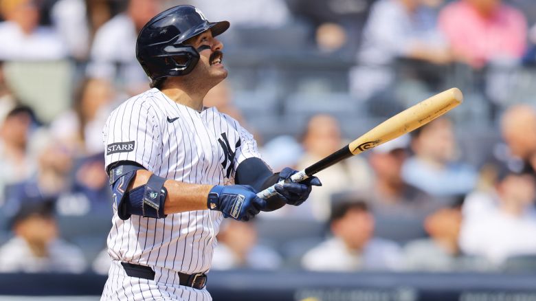 Austin Wells hits a home run with his torpedo bat in the first inning against the Milwaukee Brewers (Photo by Mike Stobe/Getty Images)