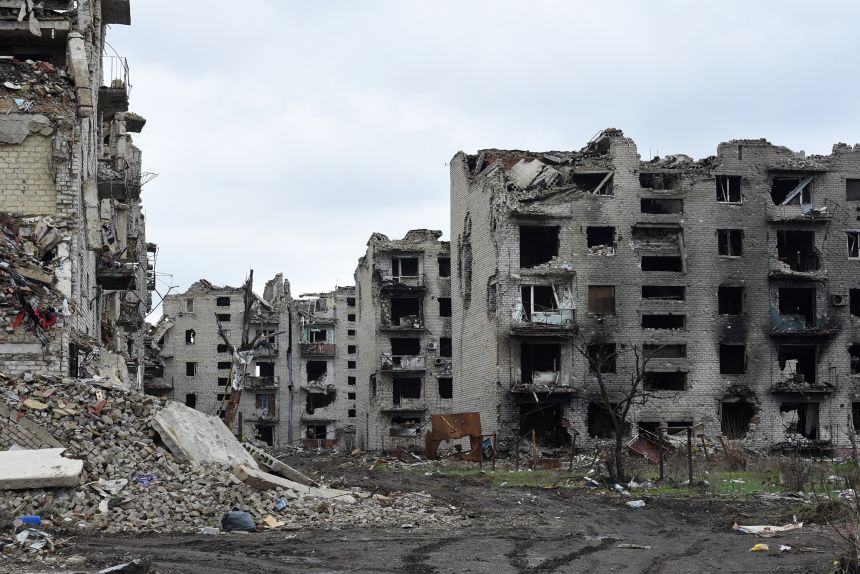 A view of the ruined and abandoned town of Maryinka (Mariinka) in the Donetsk region, Russian-controlled Ukraine on April 1, 2025.