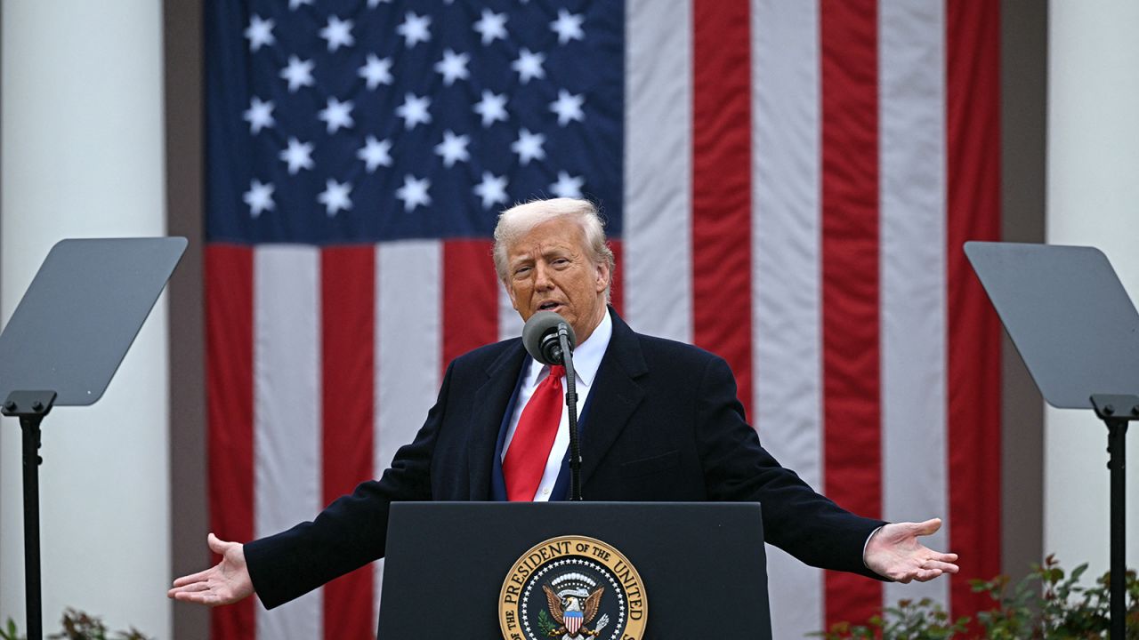 US President Donald Trump delivers remarks on reciprocal tariffs during an event in the Rose Garden entitled "Make America Wealthy Again" at the White House in Washington, DC, on April 2, 2025.