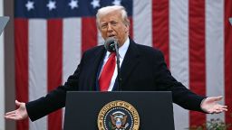 TOPSHOT - US President Donald Trump delivers remarks on reciprocal tariffs during an event in the Rose Garden entitled "Make America Wealthy Again" at the White House in Washington, DC, on April 2, 2025. Trump geared up to unveil sweeping new "Liberation Day" tariffs in a move that threatens to ignite a devastating global trade war. Key US trading partners including the European Union and Britain said they were preparing their responses to Trump's escalation, as nervous markets fell in Europe and America. (Photo by Brendan SMIALOWSKI / AFP) (Photo by BRENDAN SMIALOWSKI/AFP via Getty Images)          