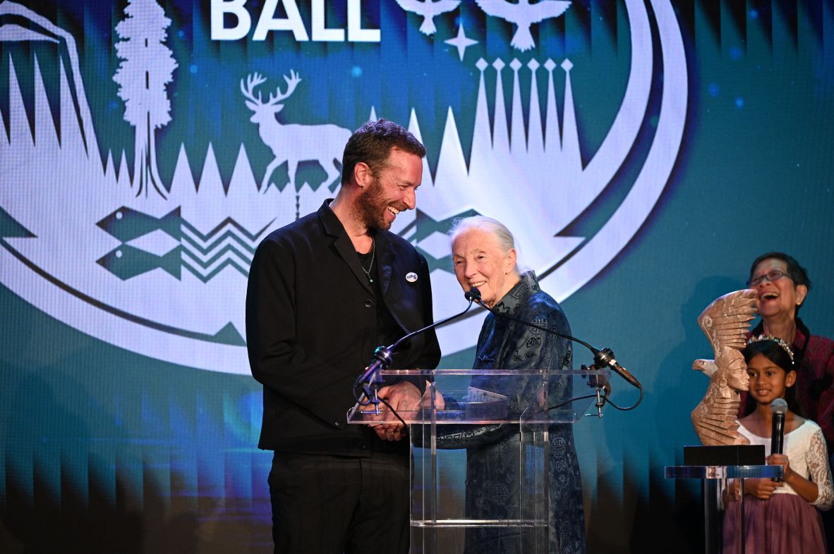 Goodall and Coldplay's Chris Martin speak on stage at the Sierra Club's Trail Blazers Ball in Los Angeles in April.