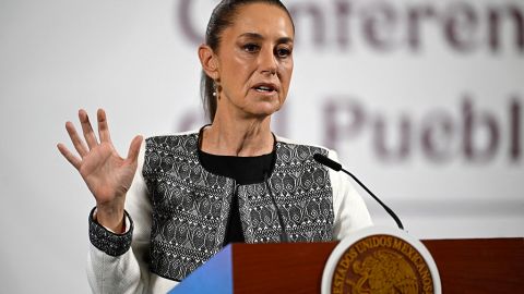 Mexico's President Claudia Sheinbaum gestures during her daily press conference at Palacio Nacional in Mexico City on April 3, 2025. Mexican President Claudia Sheinbaum on Thursday welcomed her country being excluded from the list of nations targeted in US President Donald Trump's latest round of tariffs. (Photo by Alfredo ESTRELLA / AFP) (Photo by ALFREDO ESTRELLA/AFP via Getty Images)