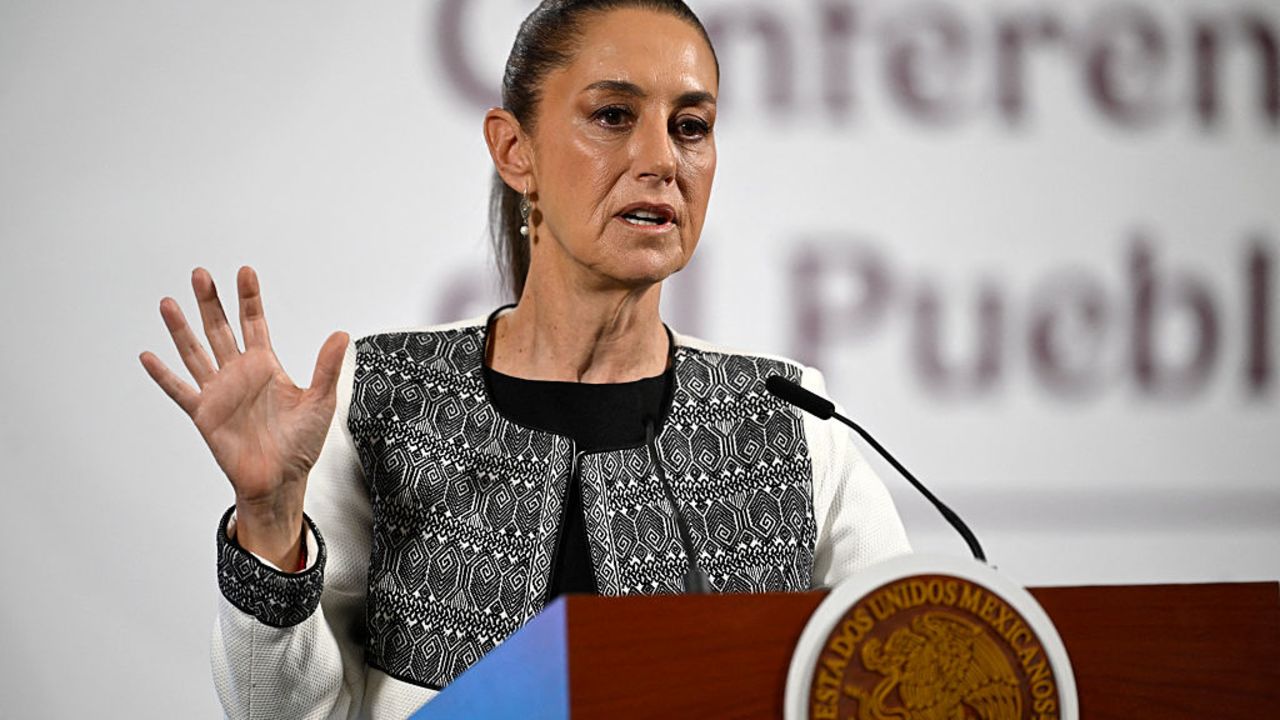 Mexico's President Claudia Sheinbaum gestures during her daily press conference at Palacio Nacional in Mexico City on April 3, 2025. Mexican President Claudia Sheinbaum on Thursday welcomed her country being excluded from the list of nations targeted in US President Donald Trump's latest round of tariffs. (Photo by Alfredo ESTRELLA / AFP) (Photo by ALFREDO ESTRELLA/AFP via Getty Images)          