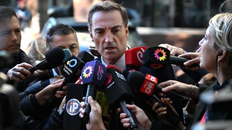 Mario Baudry, lawyer of Diego Fernando Maradona, the youngest son of late Argentine football legend Diego Armando Maradona, and of his ex-wife, Veronica Ojeda, speaks to the media upon his arrival at the San Isidro courthouse to attend a trial hearing for his death in San Isidro, Buenos Aires province, on April 3, 2025. (Photo by Luis ROBAYO / AFP) (Photo by LUIS ROBAYO/AFP via Getty Images)          