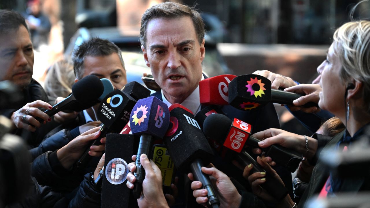 Mario Baudry, lawyer of Diego Fernando Maradona, the youngest son of late Argentine football legend Diego Armando Maradona, and of his ex-wife, Veronica Ojeda, speaks to the media upon his arrival at the San Isidro courthouse to attend a trial hearing for his death in San Isidro, Buenos Aires province, on April 3, 2025. (Photo by Luis ROBAYO / AFP) (Photo by LUIS ROBAYO/AFP via Getty Images)          