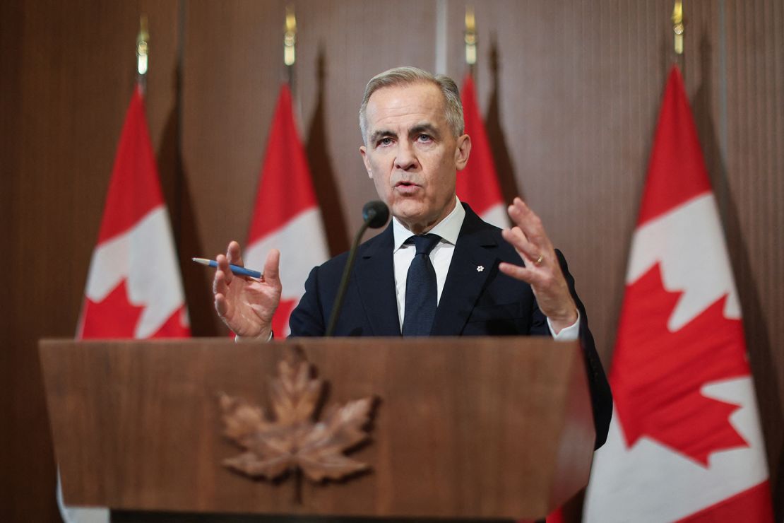 Canadian Prime Minister Mark Carney at a news conference about US tariffs in Ottawa on April 3, 2025.